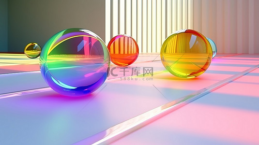当代抽象艺术玻璃人物，采用简约的构图，地板上有彩虹反射 3D 渲染
