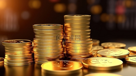 股票背景图片_3D 渲染的黄金条形图描绘了股市投资和用一堆硬币进行交易