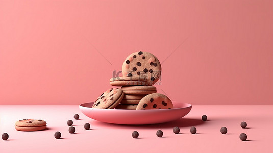 粉红色空间喜悦 3D 渲染场景的最小巧克力饼干