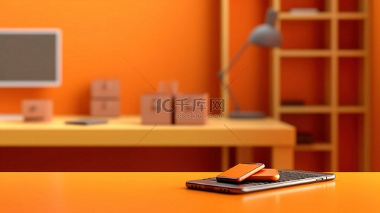科技办公室背景图片_橙色办公桌的 3D 插图，配有手机，非常适合水平背景横幅