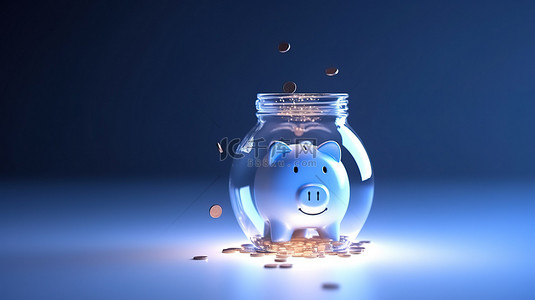 猪背景图片_3D 渲染的玻璃存钱罐象征着储蓄资金管理或里面有硬币的存款