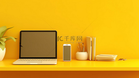 电话办公背景图片_数字平板电脑和手机放在黄色办公桌上充满活力的水平横幅 3D 渲染