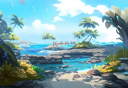 蓝天海洋背景图片_海滩椰子树景色蔚蓝色天空