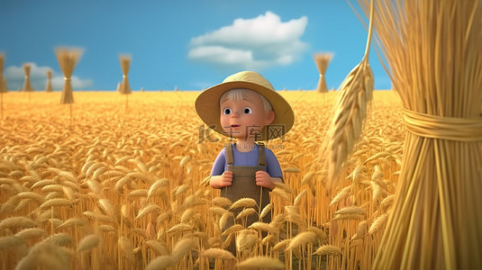 一个戴着草帽的年轻人照料农场的 3d 渲染