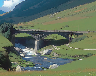 交通背景图片_一座公路桥横跨农场附近的河流