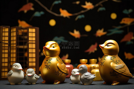 鸭背景图片_坐在中国灯笼前的金鸭雕像