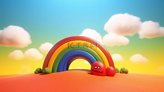 卡通太阳和彩虹的 3d 渲染