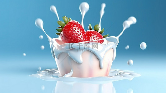 蓝色背景下草莓果实和液态奶奶油的 3d 渲染