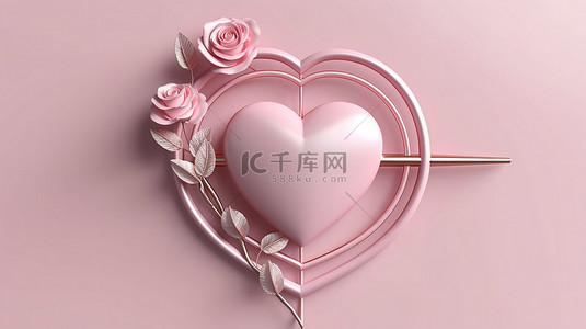 情人节抽象金属粉红色背景，以 3D 渲染的心和箭玫瑰为特色