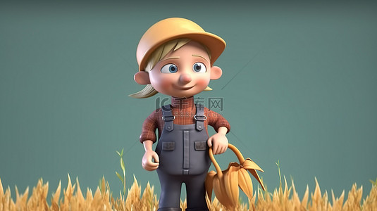 一个穿着工作服收获丰收的小农的幽默 3D 渲染