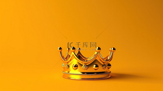 充满活力的黄色背景上金冠的富豪宝藏 3D 渲染