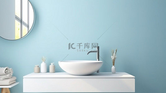 现代橱柜，配有椭圆形镜子和白色水槽，特写在蓝墙 3D 渲染上