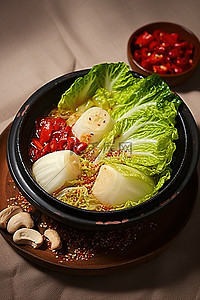 白菜好物背景图片_蒸白菜辣椒和炒饭放在锅上