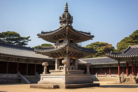 韩国寺庙，前面有一根旧木杆