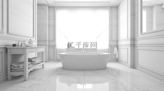 轻奢淋浴背景图片_具有白色配色方案的酒店或公寓浴室的 3D 渲染