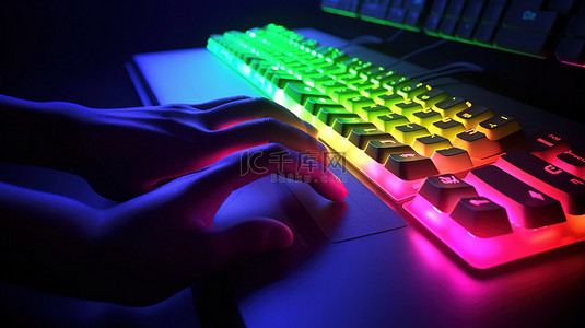 带有卡通手的彩虹背光键盘 3D 渲染打字活动与 RGB 光效果