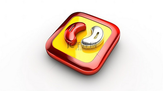 红色直式背景图片_孤立的白色背景，方形按钮键上有红色和黄色耳机图标的 3D 渲染