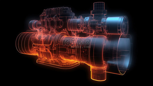 黑色背景下 X 射线式孤立内燃机的 3D 插图