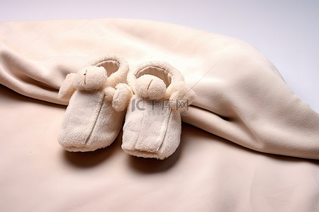 白色婴儿拖鞋坐在棉毯上