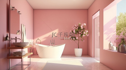 浴室背景图片_豪华粉红色浴室内部的 3D 渲染