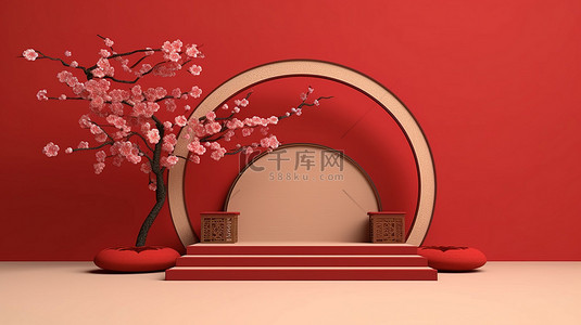 3D渲染的中国节日贺卡以传统中国风格背景为特色