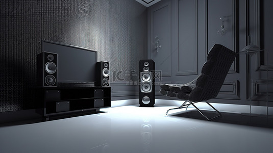 沉浸场景背景图片_3D 场景中的沉浸式家庭娱乐设置电视扬声器和椅子