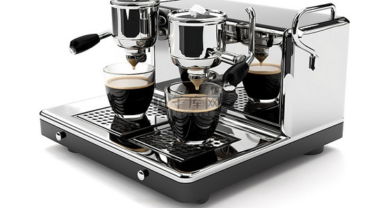 时尚的黑色浓缩咖啡机在 3D 插图白色背景中制作两杯咖啡，隔离