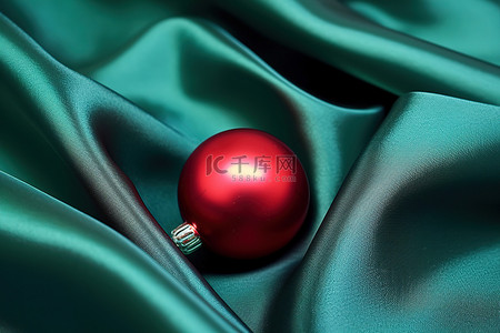 绿色丝绸织物上的圣诞球 照片