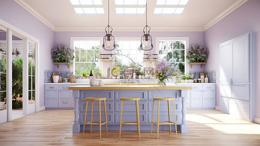 淡紫色的时尚乡村风格厨房岛，配有 3D 渲染的装饰和头顶照明