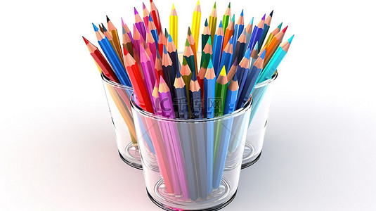 茶字体笔刷背景图片_3d 渲染隔离塑料杯，白色背景上有钢笔和铅笔