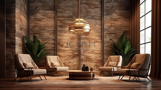 酒店内宁静的休息区，配有青铜隔断石材内饰和舒适的座椅