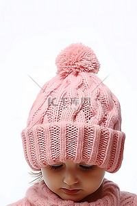 白色背景上粉色的可爱孩子针织帽