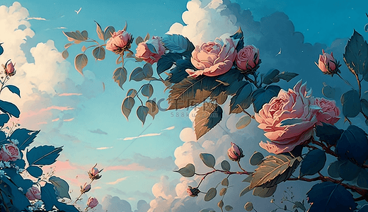 蔷薇花整簇背景图片_天空蔷薇日系插图背景