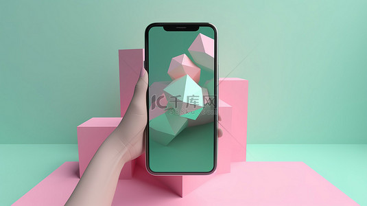 卡通风格的手在最小的 3D 渲染中显示空白触摸屏智能手机，在柔和的绿色粉红色背景上具有几何背景
