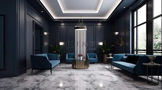 现代豪华酒店和办公室接待处，精致休息区的 3D 渲染图，配有会议椅蓝色沙发和电梯走廊