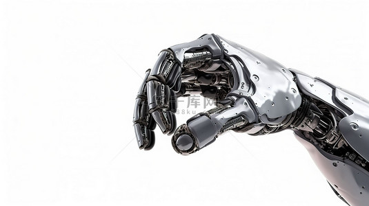 铁拳机器人在 3D 渲染的白色背景下伸出手