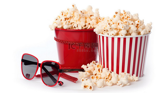 身临其境的电影院体验红色座位门票爆米花和白色背景的 3d 眼镜