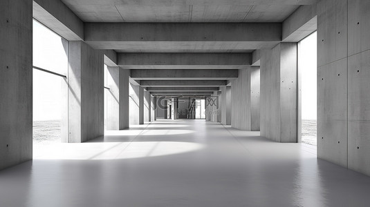 现代展厅内部抽象 3D 渲染与混凝土走廊背景