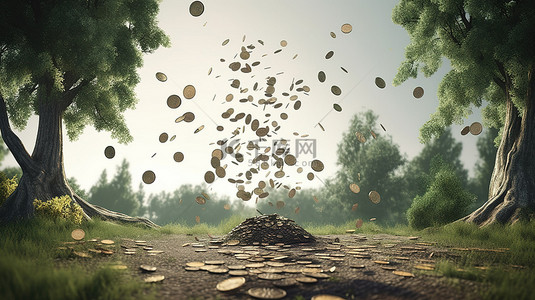 可视化投资 3D 渲染硬币填充的树木从小到大的进展