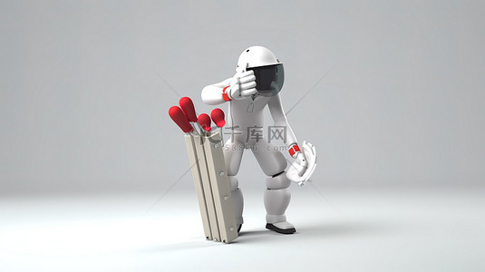3D 插图中的英格兰板球队运动员，带有时尚灰色背景的锦标赛装备