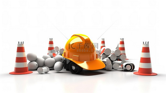 路障背景图片_白色背景 3D 渲染描绘了路障标志头盔和锥体的道路建设概念