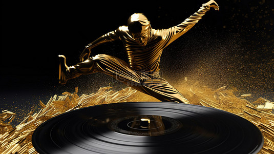 金色腾飞背景图片_3D 渲染的金色黑胶唱片从黑色跳板上腾飞