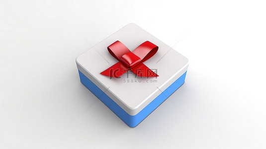 礼物盒图标背景图片_带有 3D 渲染的独立白色方形按钮图标，并附有红色礼物和白色背景上的蓝色蝴蝶结