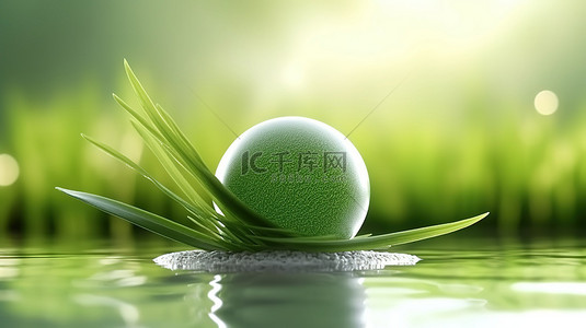 绿化草球和水面为选择性聚焦 3D 渲染中的化妆品提供令人惊叹的背景