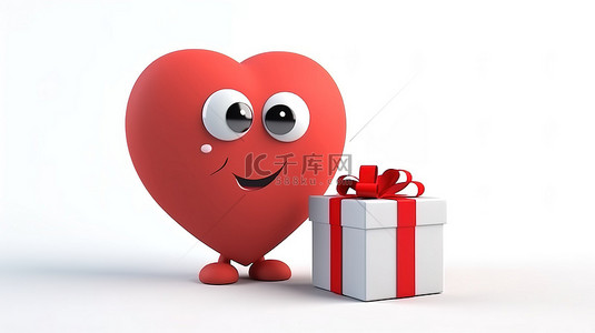 3D 渲染的红心吉祥物，在白色背景上拿着礼品盒和丝带