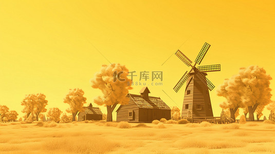 双色调美学的老式风车农场与醒目的黄色背景 3d 渲染