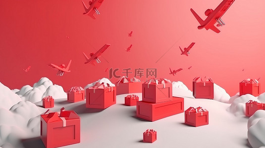 空中红色飞机和 3D 渲染纸艺术风格的洒满礼品盒