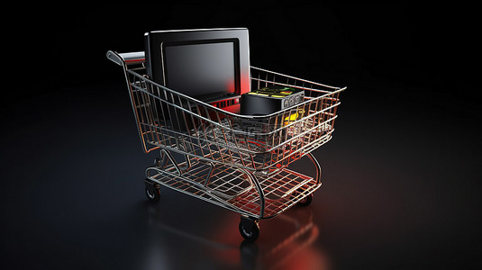 游戏商城面板背景图片_3d 渲染中的电脑游戏和购物篮