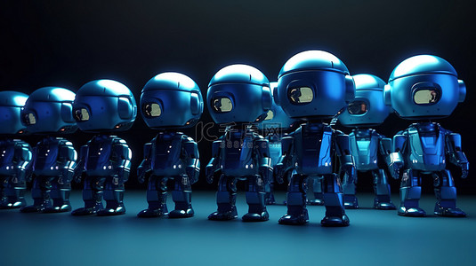 3D 渲染中可爱的人工智能机器人卡通军队