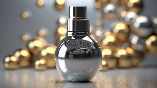 化妆品滴管瓶子背景图片_金属球上平衡的化妆品滴管瓶的 3D 插图渲染
